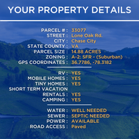 SOLD - 14.88 Acres in Mecklenburg - NO HOA -  NO Restrictions!  RVs Mobile Vacation Rentals Allowed!